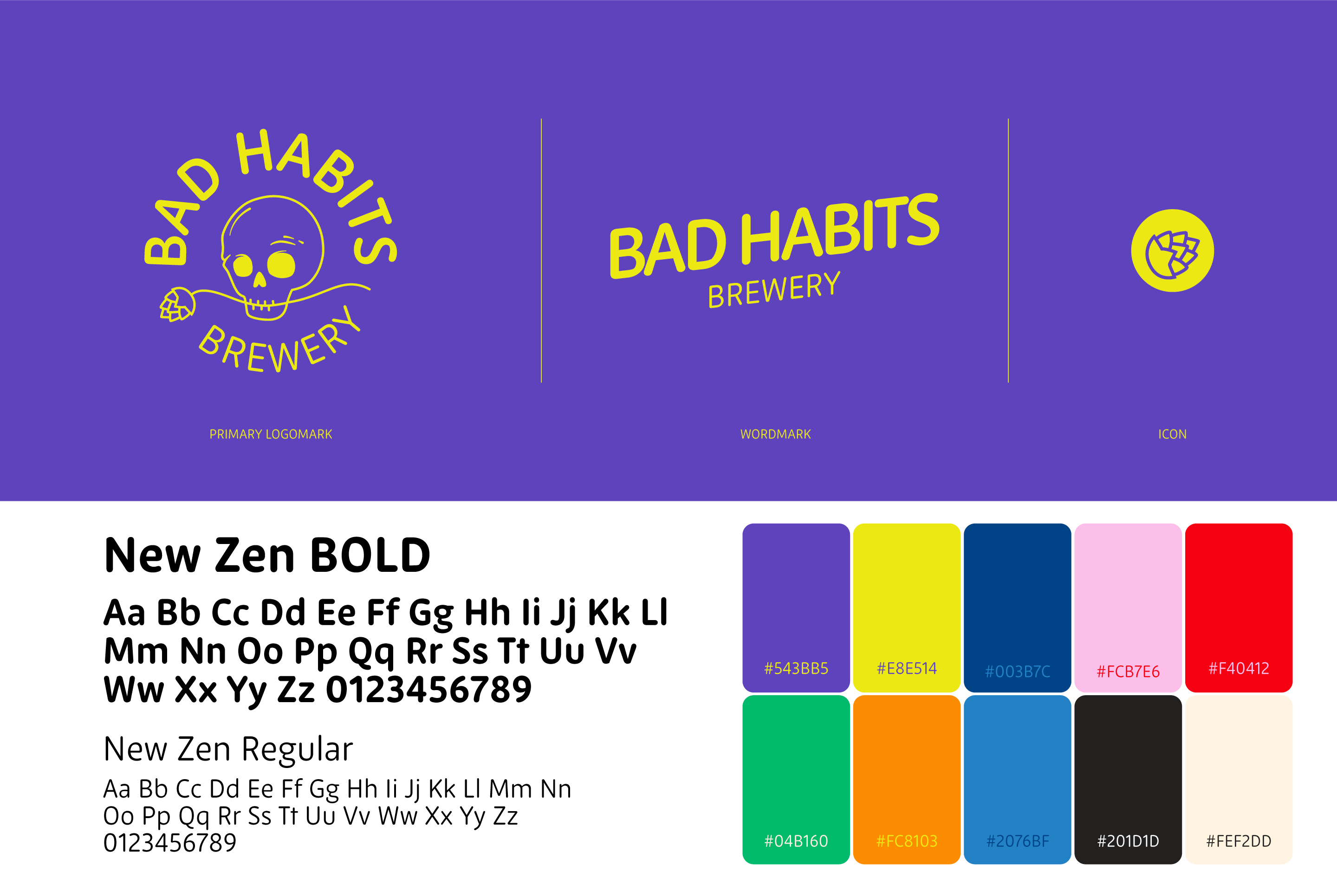 Bad Habits Brewery brand system showing logo variations, color palette with hex codes, and New Zen font styles.