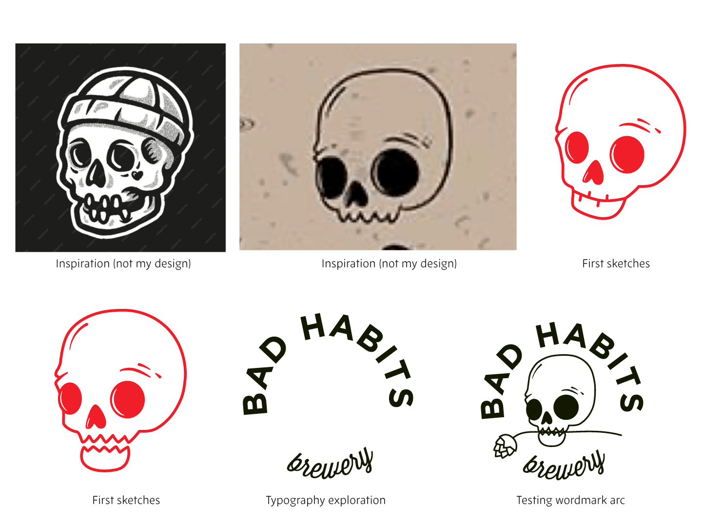 Early logo design process for Bad Habits Brewery showing inspirational skull references, first vector skull sketches, and typographic layout tests for the wordmark and full logo.