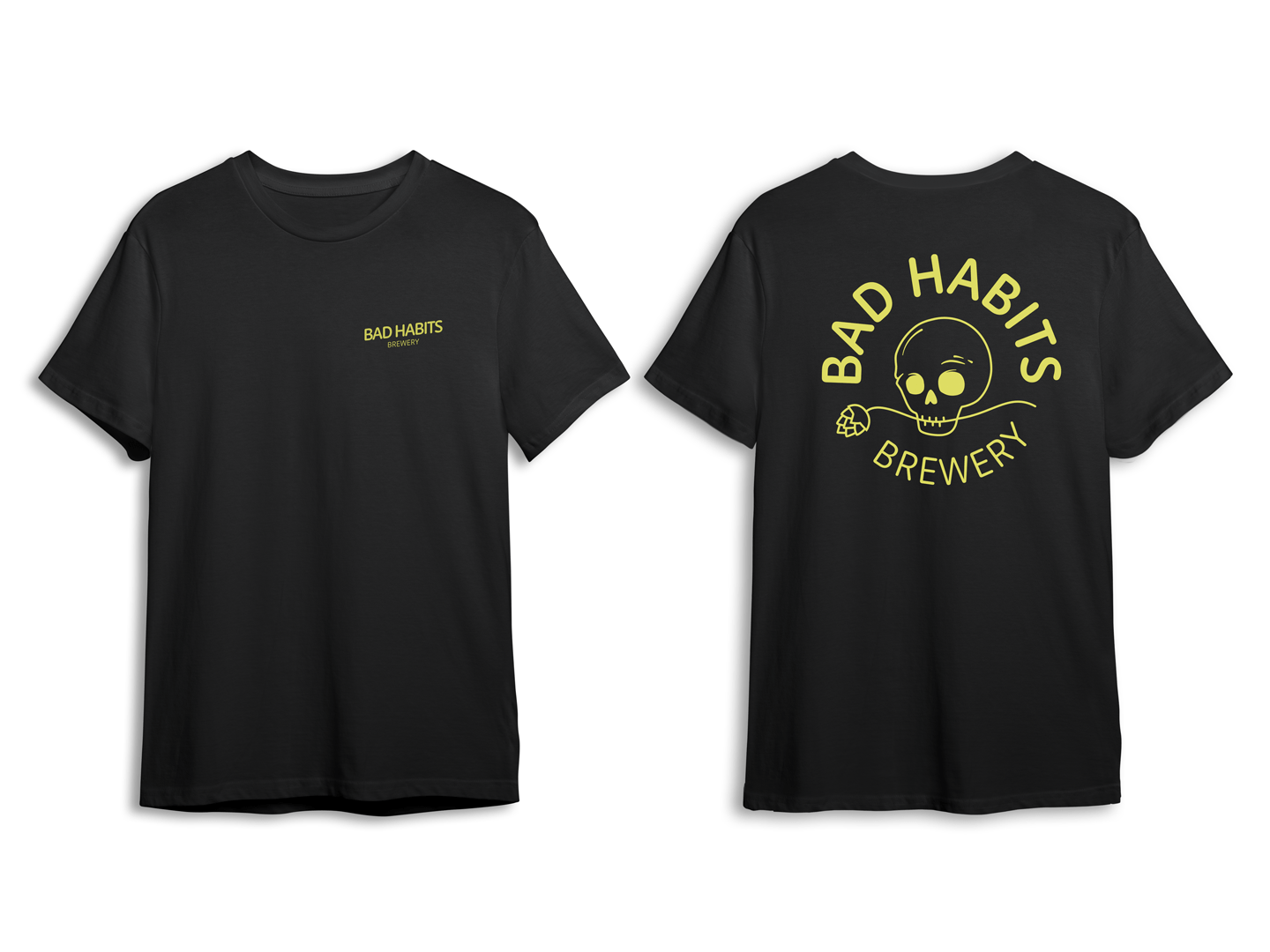 Black t-shirt design for Bad Habits Brewery showing front wordmark and back skull logo in vibrant yellow.