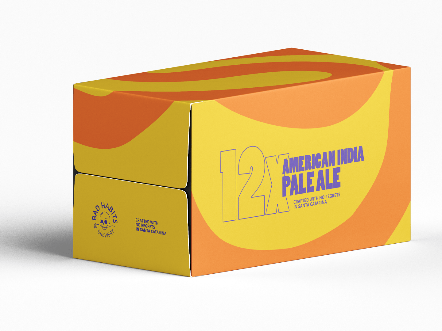 Twelve-pack beer box design for Bad Habits Brewery featuring bold orange and yellow wave patterns with purple typography.