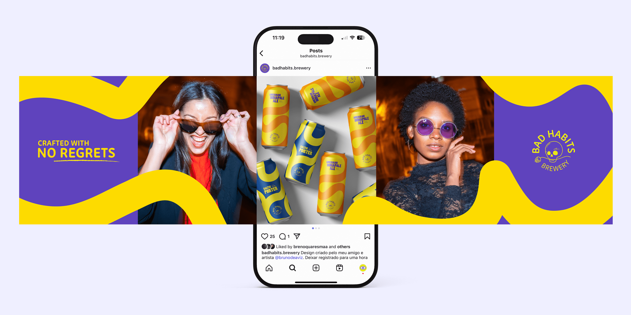 Instagram mockup showcasing Bad Habits Brewery cans, lifestyle photography, and bold brand visuals in purple and yellow.