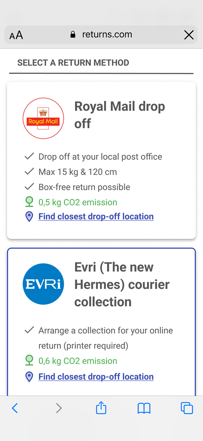 Return Method Screen